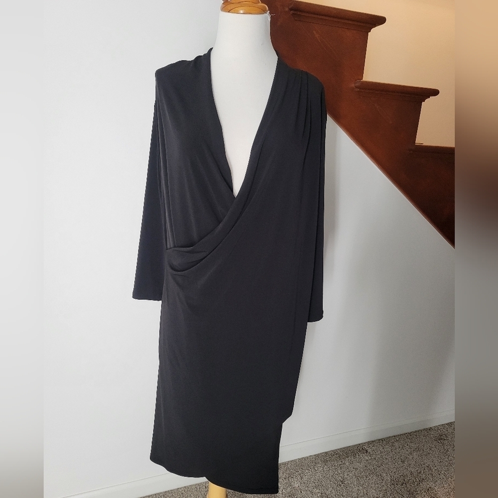 Clara Sun Woo Women’s Faux Wrap Dress Size L Black 3/4 Sleeve Stretch - Picture 5 of 6